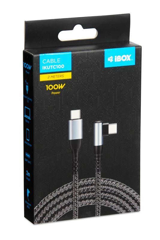 CABLU DE ÎNCĂRCARE USB-C LA USB-C 100W, 2 M, NEGRU, MUFĂ LA 90°